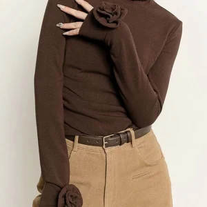 Brown Top | Turtleneck & Flowers | Romantic Autumn Elegance