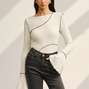 Textured White Top | Flared Sleeves & Contrast Seams | Elegant Graphic Style