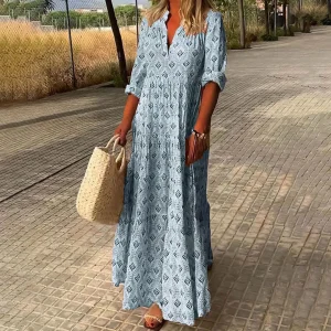 Robe Longue | Bleu Clair à Motif | Bohème et Confortable