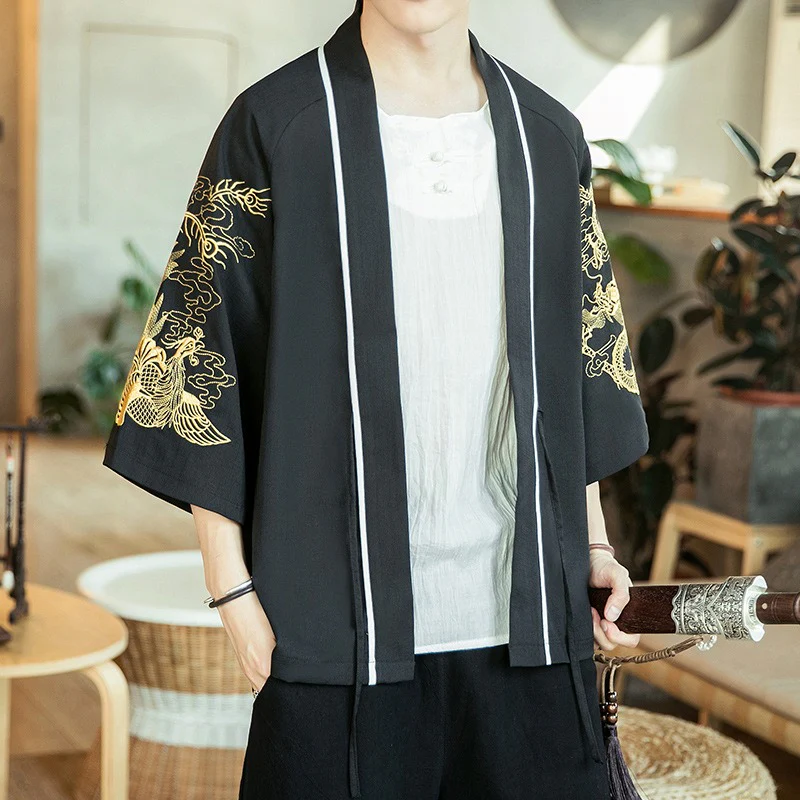 Cardigan Kimono Japonais Dragon Doré