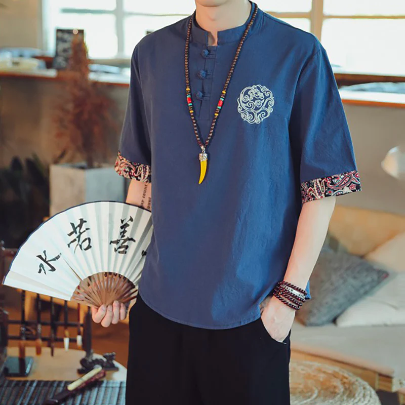 Chemise Kimono Japonais Lin Bleu – Image 2