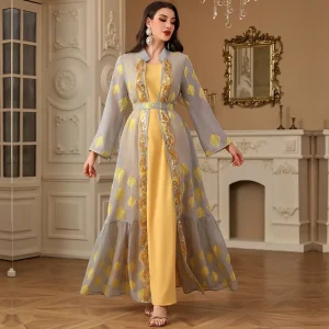 Ensemble Kimono Abaya Jaune Brodé
