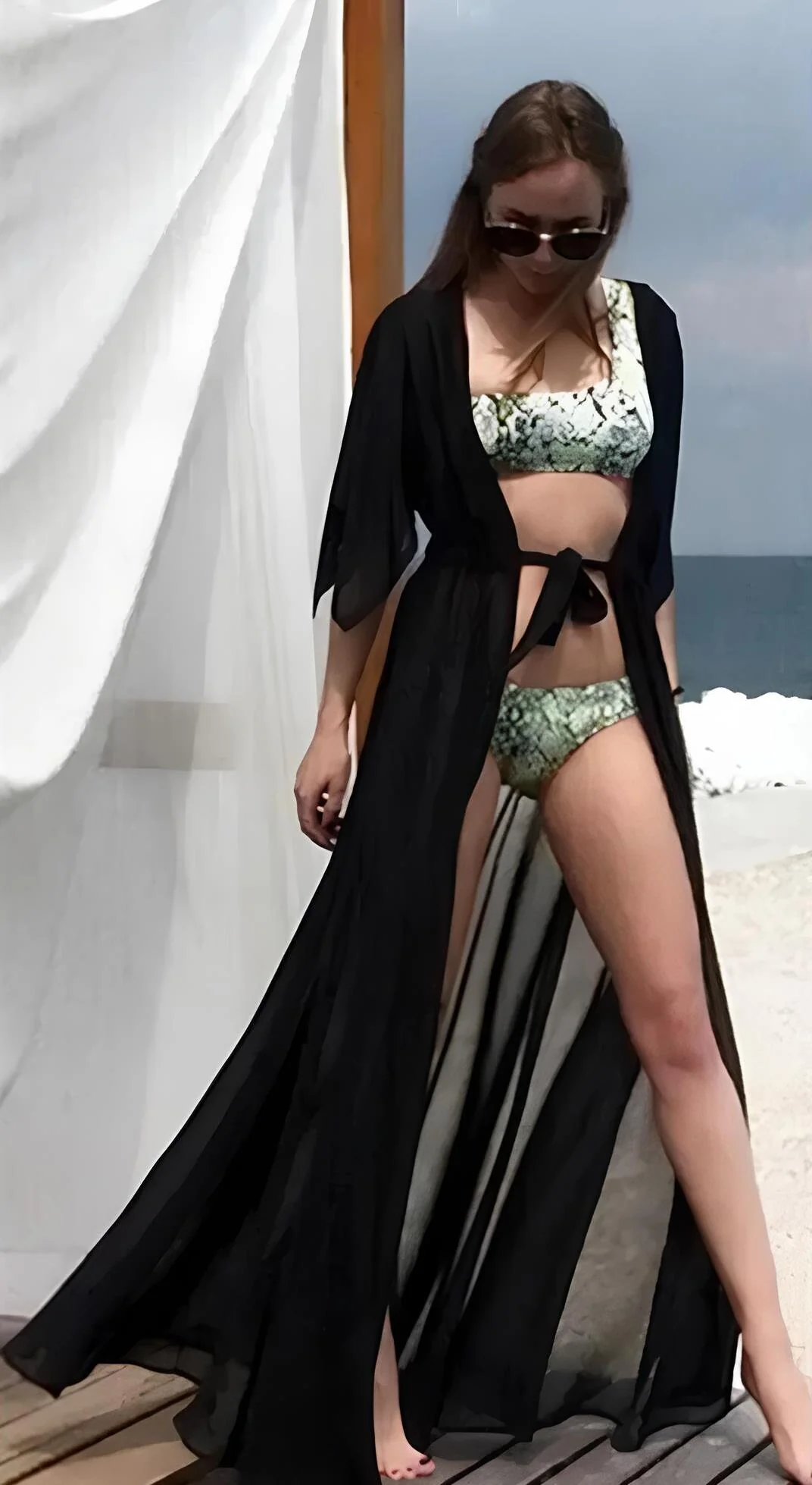 Kimono de Plage Long en Mousseline de Soie Noir