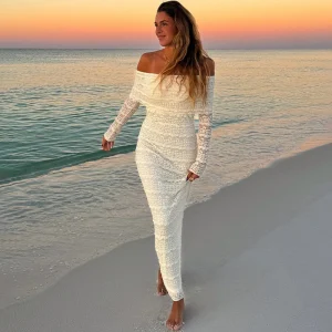 Bare Shoulders Maxi Dress | Bohemian Lace and Coastal Elegance