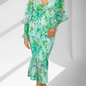 Robe Midi Fleurie | Vert & Turquoise | Manches Bouffantes et Coupe Volantée