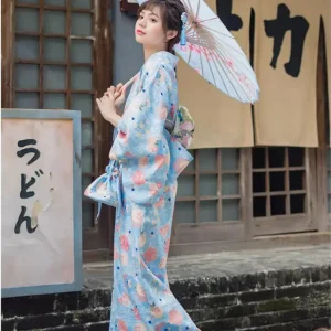 Kimono Traditionnel Bleu Fleuri