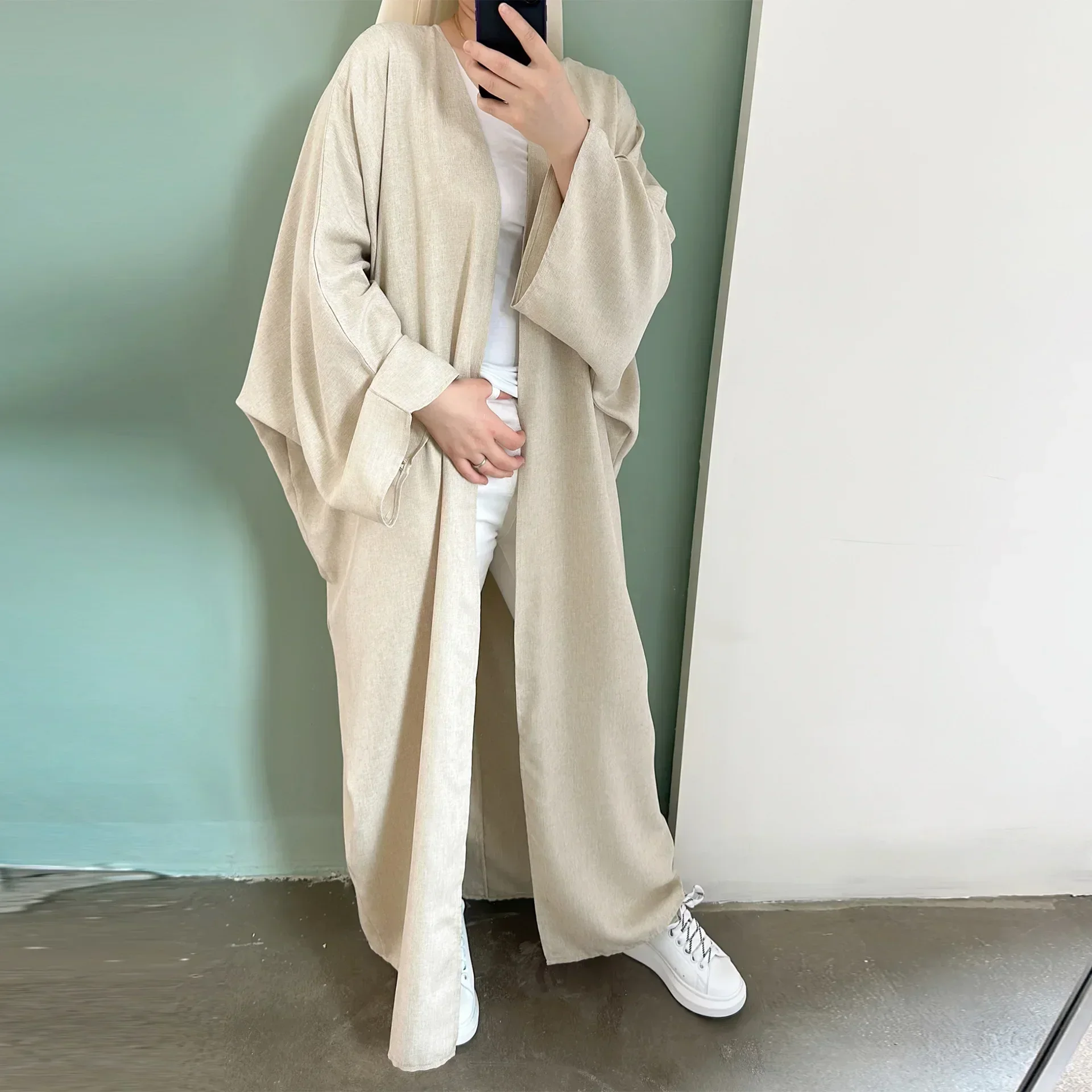 Abaya Kimono Beige Décontractée en Lin