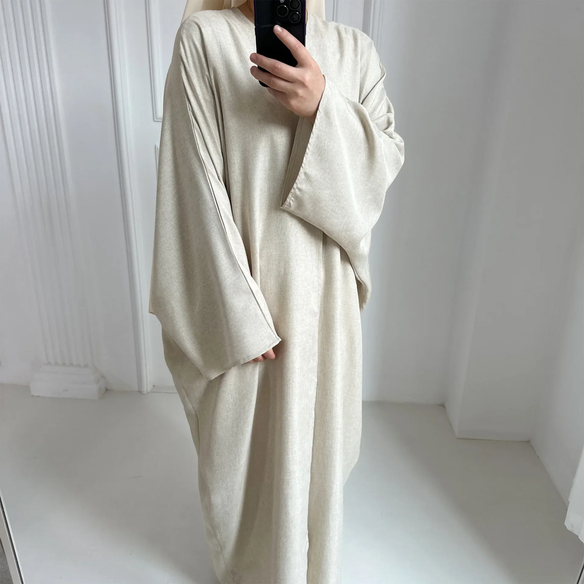 Abaya Kimono Beige Décontractée en Lin – Image 2
