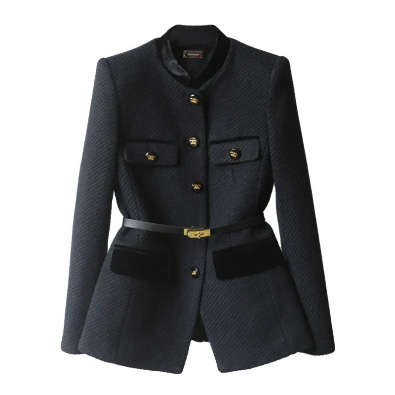 Veste Noire à Col Officier | Boutons Dorés & Ceinture | Élégance Structurée – Image 7