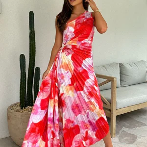 Asymmetrical Pleated Floral Print Dress | Colorful Summer Elegance