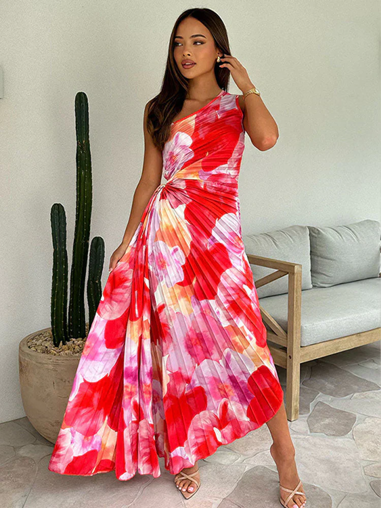 Asymmetrical Pleated Floral Print Dress | Colorful Summer Elegance