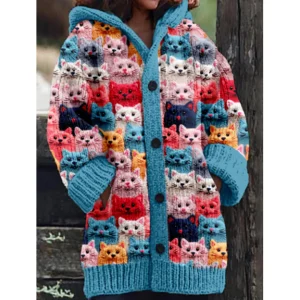 Cardigan en Tricot Multicolore à Motifs Chats | Mélange Acrylique & Polyester | Douillet & Original