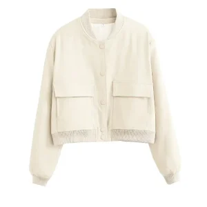 Veste Courte Beige | Style Bomber | Poches à Rabat & Finitions Côtelées