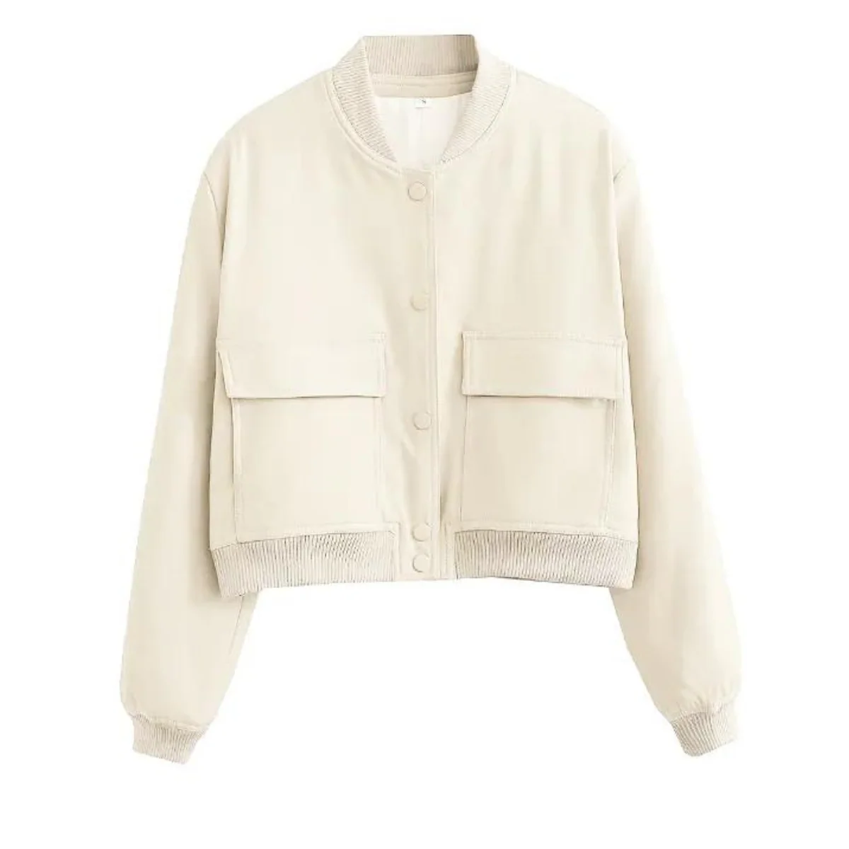 Veste Courte Beige | Style Bomber | Poches à Rabat & Finitions Côtelées