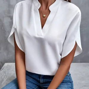 Blouse Blanche à Col en V | Polyester & Coton | Élégance Minimaliste et Confort