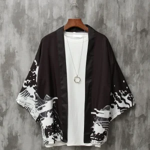 Veste Kimono Japonais Cascade Dragon Noir