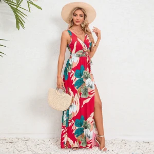 Robe Longue Fendue Imprimé Tropical | Éclat Soleil et Fluidité