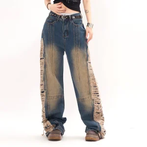 Destroy Wide Jeans with Frayed Details | Grunge Attitude and Rebel Style