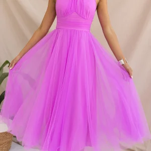 Robe de Soirée Rose Fuchsia | Col Haut Noué | Jupe Tulle Volumineuse