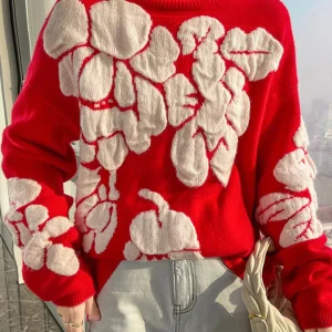 Abstract Turtleneck Sweater | Red & White | Warm and Artistic