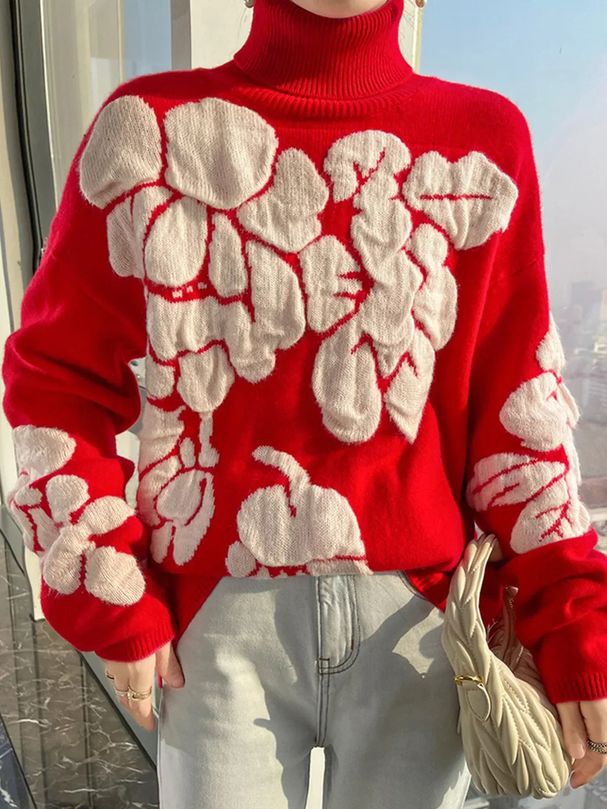 Abstract Turtleneck Sweater | Red & White | Warm and Artistic