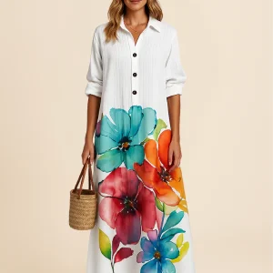 Fleur d'Été | Women's Watercolor Print Long Shirt Dress