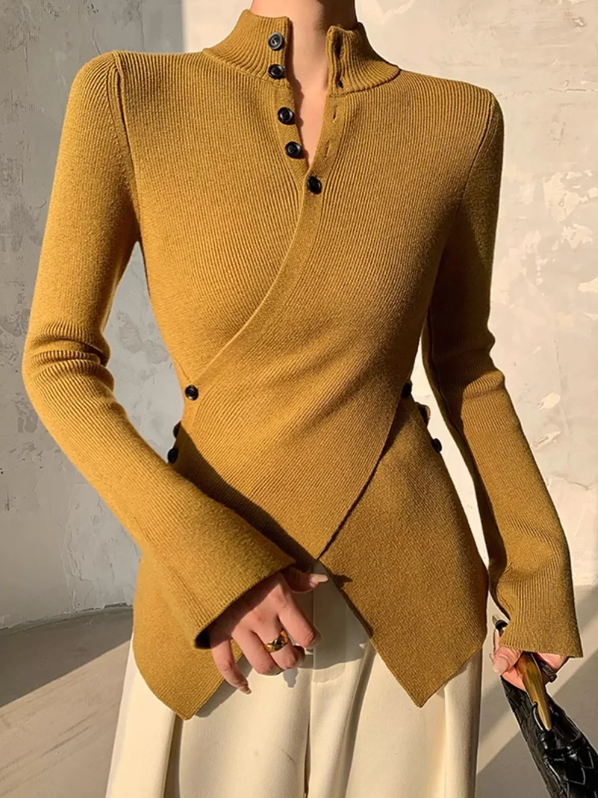 Asymmetrical Buttoned Top | Mustard | Structured and Modern – Image 4