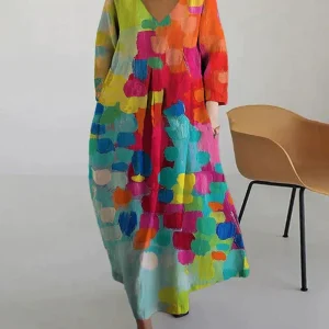 Robe Longue Multicolore | Imprimé Abstrait | Style Artistique Décontracté