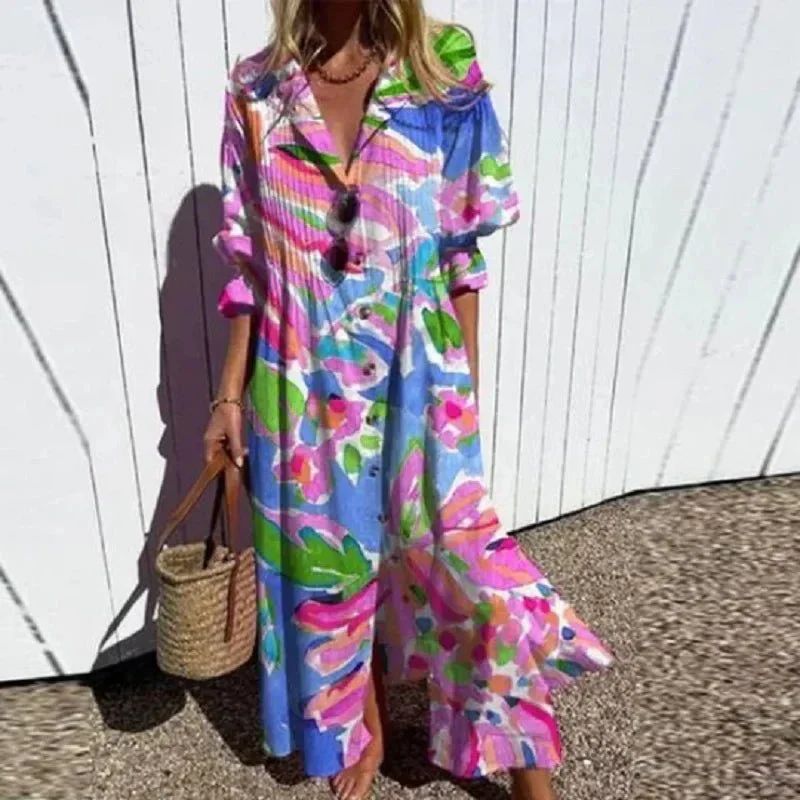 Fleur d'Été | Women's Watercolor Print Long Shirt Dress – Image 5