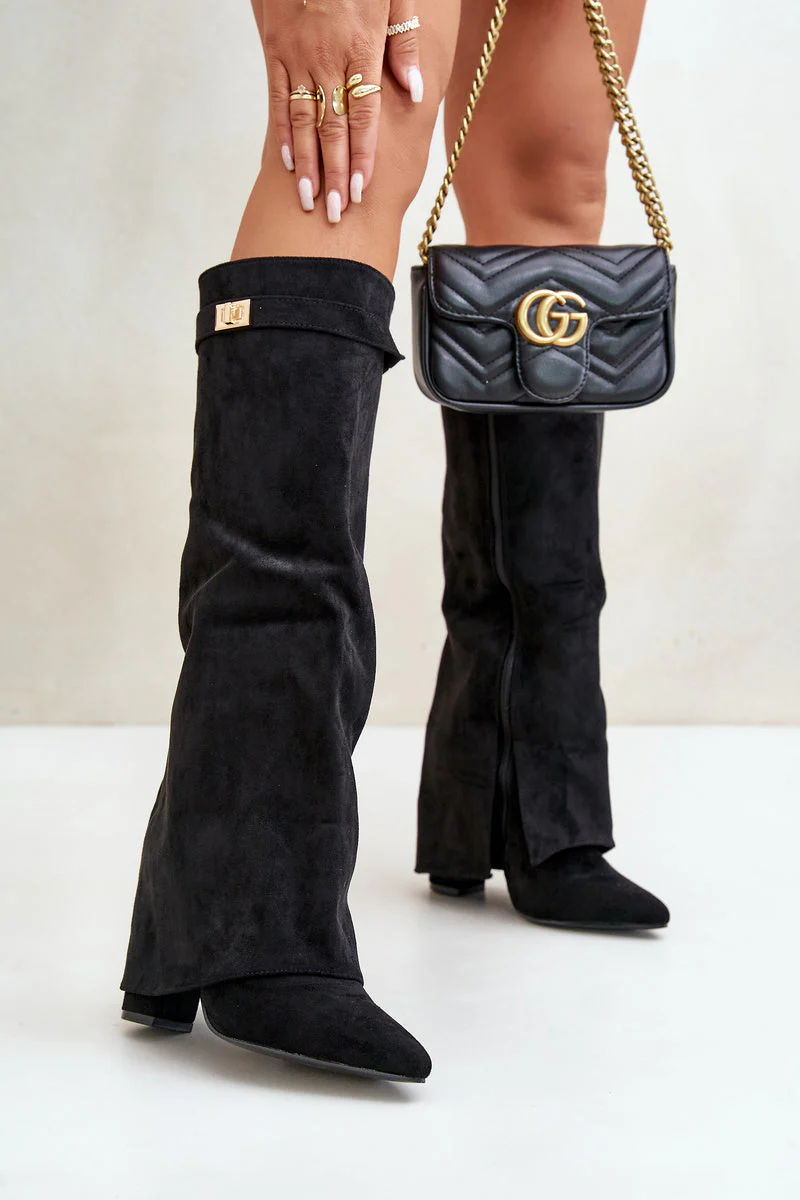 Bottes Hautes Noires | Suédine Élégante | Bout Pointu et Fente Avant