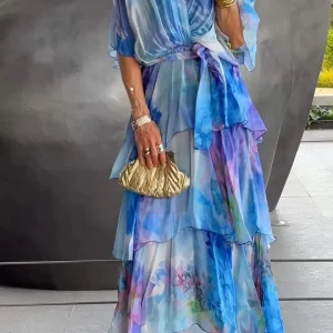 Voile d'Écume | Watercolor Effect Ruffled Maxi Dress